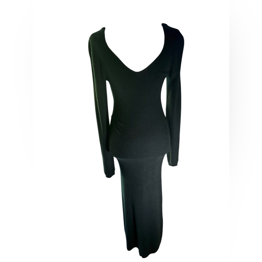 Elegant Black Ribbed Knit Midi Dress | Asymmetrical Neckline | Long Bodycon - Picture 3 of 11
